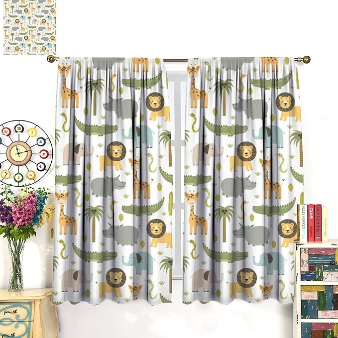 Nursery Safari Animals Window Curtains,Cartoon Woodland Jungle Forest Lion Elephant Giraffe Printed Pattern Blackout Drapes for Living Room Baby Boy Kids Bedroom 63x72in