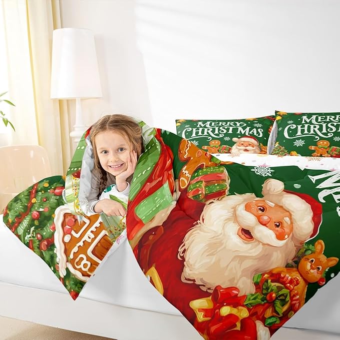 Feelyou Green Christmas Comforter Set All Season Santa Claus Bedding Set with 2 Pillow Cases Gingerbread Microfiber Kids Full Bedclothes Bedroom Decor Duvet Quilt Breathable Soft