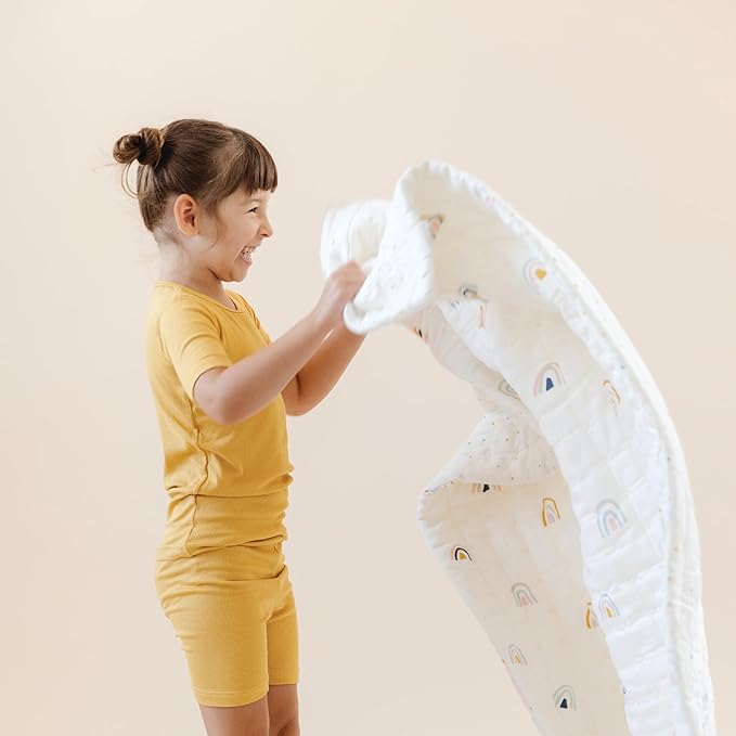 MakeMake Organics Organic Toddler Comforter GOTS Certified Organic Crib Blanket Cotton Infill Tufted Reversible - Ultra Soft Breathable (44"x60", Dotty + Rainbow)