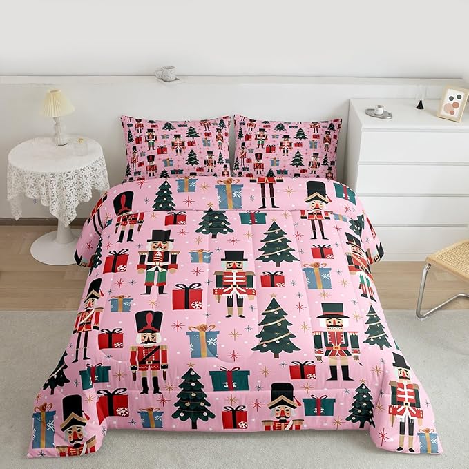 Feelyou Nutcracker Comforter Set All Season Merry Christmas Tree Bedding Set with 2 Pillow Cases Snowflake Kids Full Bedclothes Soldier Print Decor Duvet Quilt Soft Lightweight
