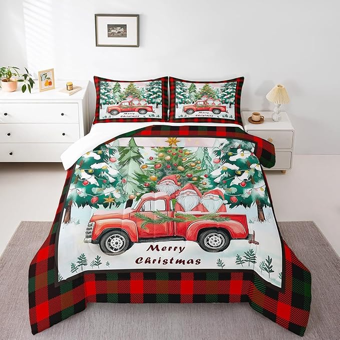 Xmas Theme Comforter Set King Size,Christmas Tree Retro Red Truck Duvet Insert for Kids Boys Girls Room Decor,Black Red Plaid Bedding Set 3Pcs,Cartoon Gnome Merry Christmas Quilt Set,2 Pillowcases