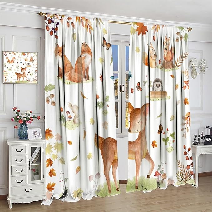 Fall Animails Curtains for Kids, Rustic Cute Woodland Wild Animal Window Treatments Watercolor Autumn Leaves Cartoon Fox Deer Window Drapes for Nursery Toddler Bedroom 63x72in