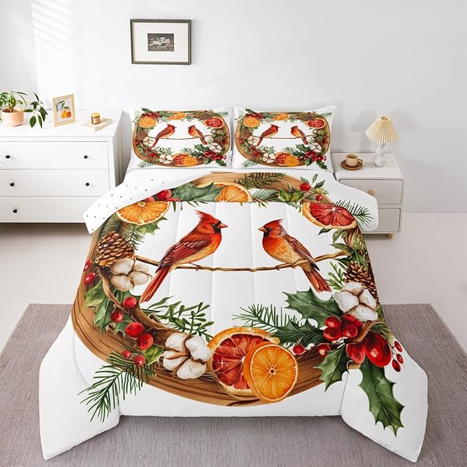 jejeloiu Kids Red Cardinal Comforter Set Twin Size Christmas Theme Bedding Set for Boys Girls Teens Xmas Birds Animal Lemon Winter Wood Duvet Quilt Room Decor