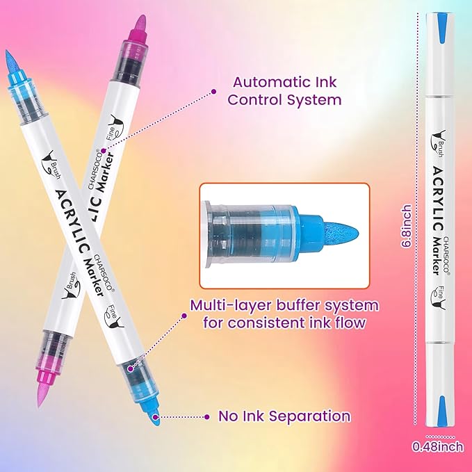 Acrylic Paint Markers, 12 Colors Dual Tip Acrylic Paint Pens, Water-Based No-Bleed Markers with Automatic Ink Control System, Bullet & Brush Tip, Works on Paper, Wood, Ceramic, Rock,813-12pcs
