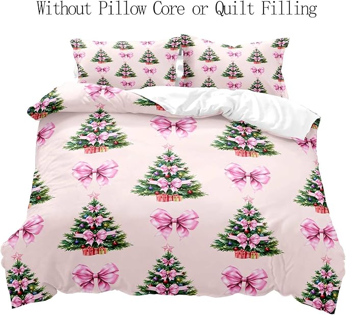 LUVIVIHOME 3PCS Pink Bow Christmas Tree Duvet Cover King Bedding Set, Teen Girl Bedding, Light Pink Duvet Cover, Xmas Tree Winter Holiday Festival Coquette Christmas Comforter Cover, 2 Pillow Cases