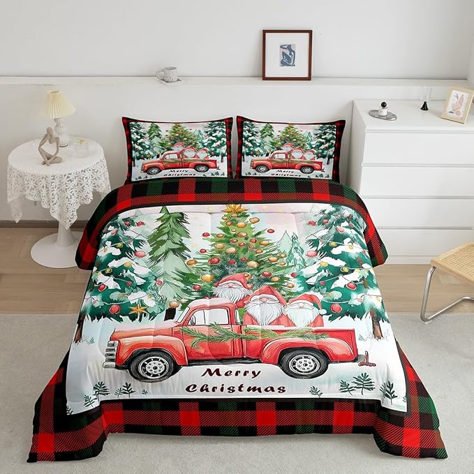 Xmas Theme Comforter Set Twin Size,Christmas Tree Retro Red Truck Bedding Set for Kids Boys Girls Room Decor,Black Red Plaid Quilt Set 2Pcs,Cartoon Gnome Merry Christmas Duvet Insert,1 Pillowcase