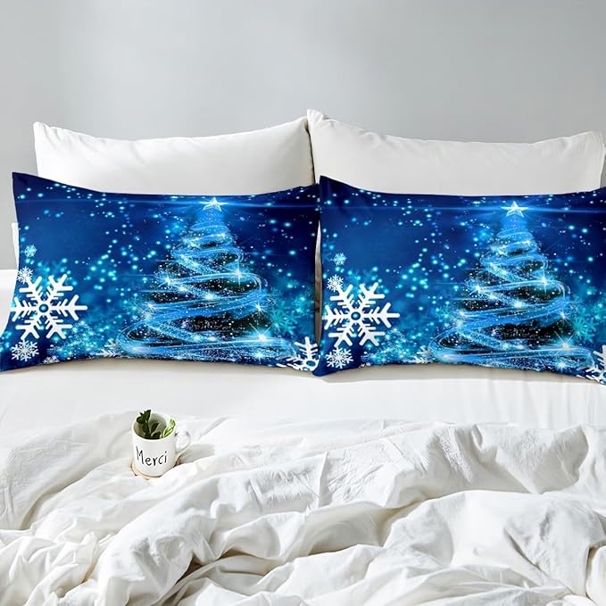 Manfei Blue Xmas Tree Duvet Cover Set Queen Size, White Snowflake Print Comforter Cover with 2 Pillowcases, Christmas Theme Bedding Set 3pcs for Kids Boys Girls Bedroom Decor,No Comforter