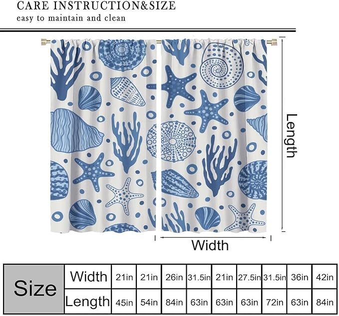 Coastal Nautical Curtains,Coral Starfish Seashell Beach Sea Starfish Seashell Theme Pattern Blackout Print Bedroom Living Room Window Treatmen 4 Panel Set 63x63 Inch