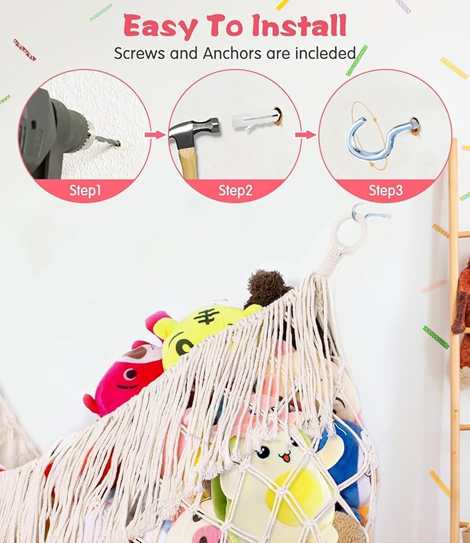 Stuffed Animal Hammock - Extra Large 56'' Long, Stuffed Animal Storage, stuffed animal Holder net, Toy Hammock Large, Toy Storage Hanging Organizer - Cream White