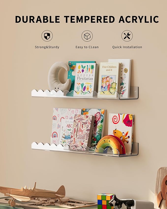 G&W Gruwald 4 Pack Clear 15.7 Inches Acrylic Book Shelf for Kids Room, Floating Kids Book Shelves for Wall, Nursery Book Shelves, Magazine Rack, Picture Ledge (Clear, 15.7)