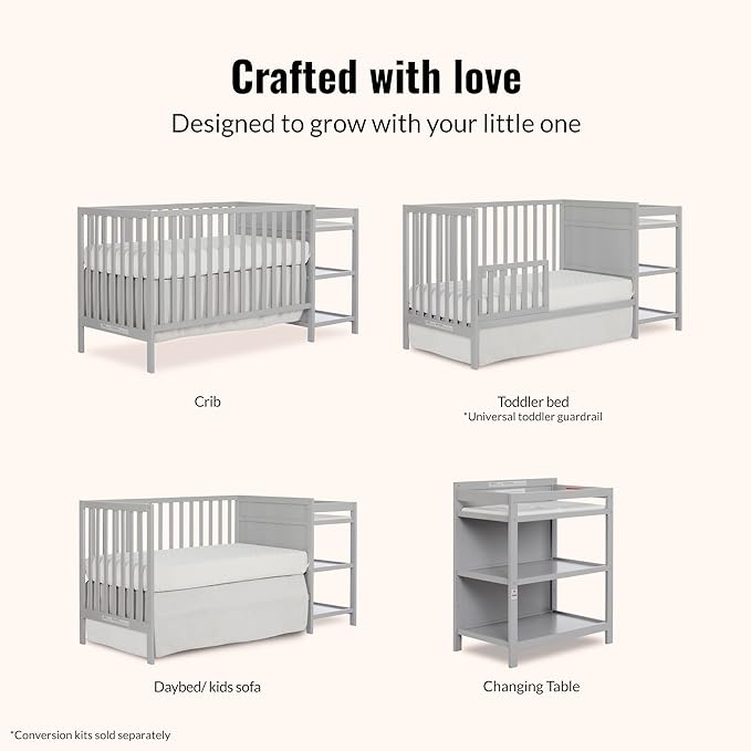 Dream On Me Synergy 3-in-1 Convertible Full-Size Baby Crib & Changer, Pebble Grey, Open Storage, GreenGuard Gold & JPMA, Pinewood, Convert to Day & Toddler Bed, 4 Mattress Heights, 1″ Changing Pad,