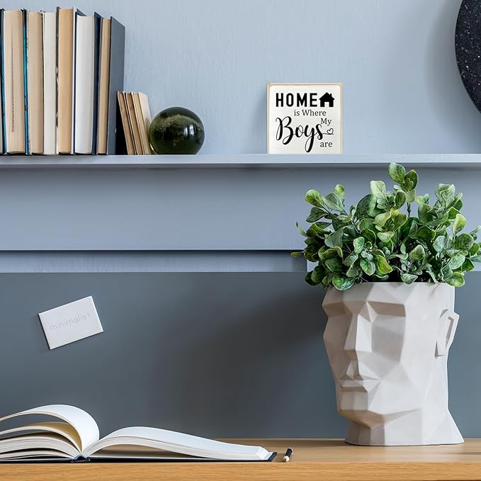 Inspirational Home is Where My Boys are Sign, Home Shelf Cubicle Table Desk Decor, Living Room Bedroom Family Decor Boy Mom Momma Gifts for Women 4" x 4"x 1.8"