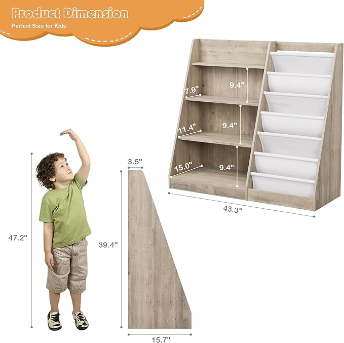 NACHES 4 Tier Kid Bookshelf Wooden 6 Sling Children Bookcase Toddler Montessori Book Rack Display Toy Storage Organizer Adjustable Book Shelf Classroom Bedroom Nursery Playroom (Grey Wood, Large)