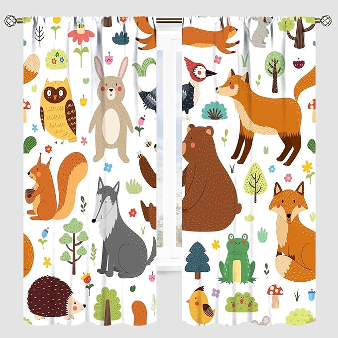 Kids Safari Animals Curtains, Baby Boy Girl Rustic Woodland Printed Cartoon Forest Window Treatments for Bedroom Living Room Nursery 2 Panels Sets, 42x54 Inch