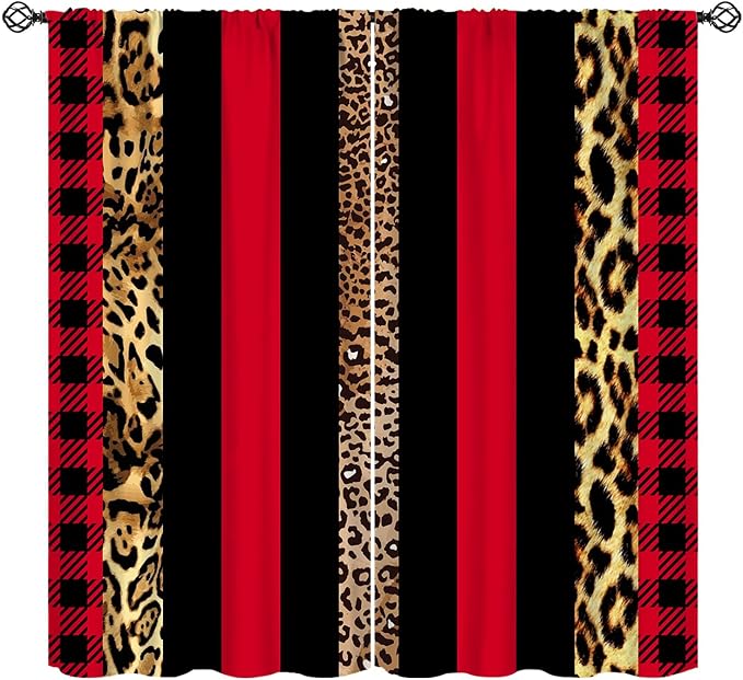 Leopard Skin Blackout Window Curtains, Brown Cheetah Red Black Plaid Stripe Print Window Drapes for Kids Boy Girls Bedroom Living Room 63" W X 63" L