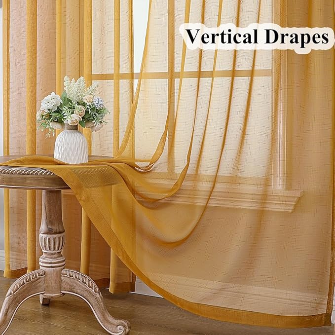 Mustard Gold Sheer Curtains 90 Inches Long 2 Panels, Textured Linen Look See Through Drapes, Vintage Yellow Light Filtering Window Sheers, Pinch Pleat Sliding Glass Door Curtain