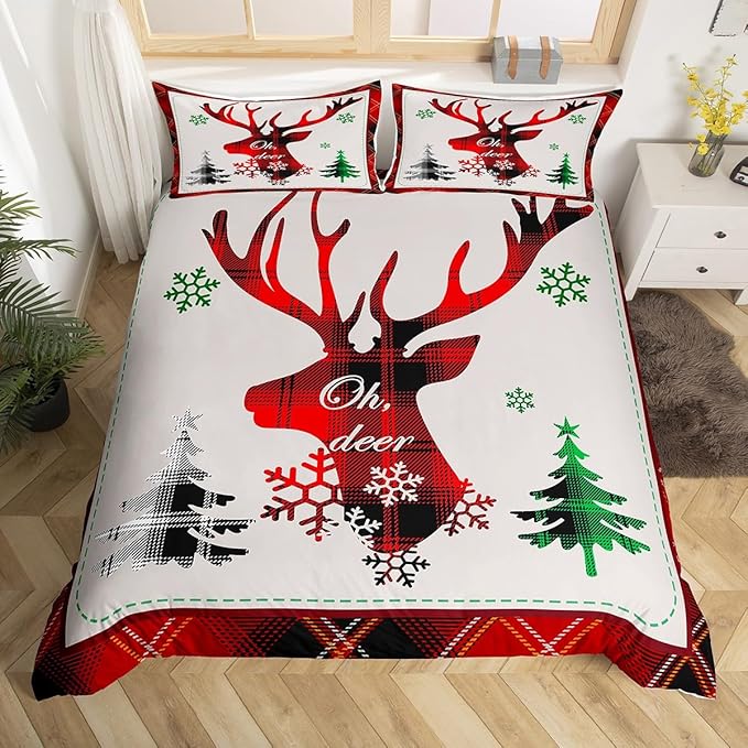 Manfei Xmas Deer Duvet Cover Set Queen Size, Christmas Tree Snowflake Print Comforter Cover with 2 Pillowcases, New Year Theme Bedding Set 3pcs for Kids Boys Girls Bedroom Decor,No Comforter