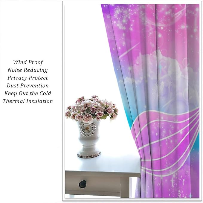 Suitable for Girls Mermaid Curtains, Rainbow Pink Purple Mermaid Tail Fish Scales Fantasy Ocean Print Curtains for Living Room Children Baby Room Nursery, 63x72 Inches
