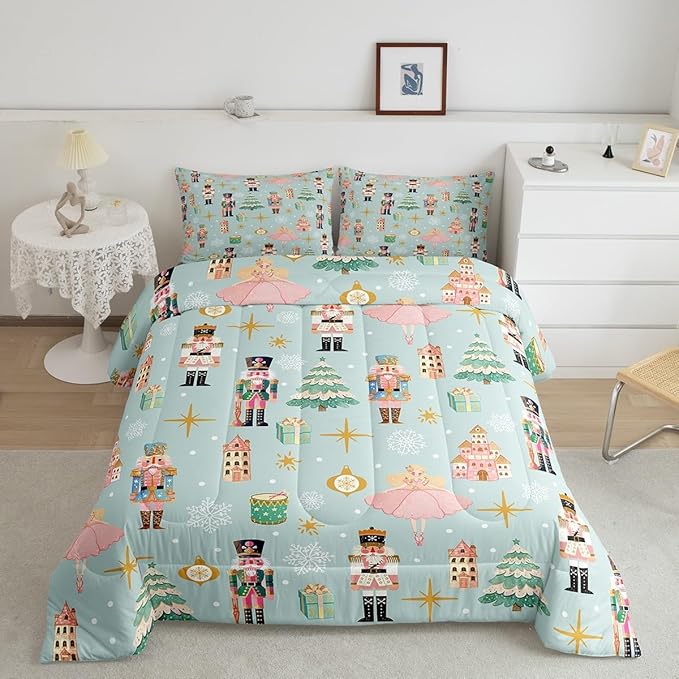 Erosebridal 7Pcs Green Christmas Comforter Set King,Xmas Tree Nutcracker Bedding Set,Pink Princess Bed in A Bag for Girls Women,Winter Xmas Holiday Christmas Ornaments Quilt with Flat Fitted Sheet