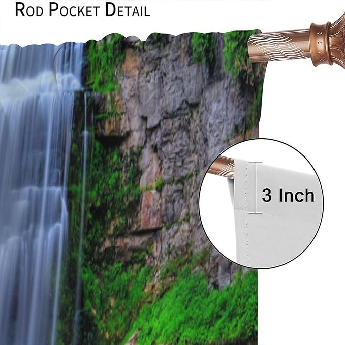 Nature Scenery Waterfall Blackout Curtains, Forest Waterfall Landscape Green Jungle Stone Falls Print Pattern Rod Pocket Window Drapes, for Bedroom Living Room 63" W X 72" L