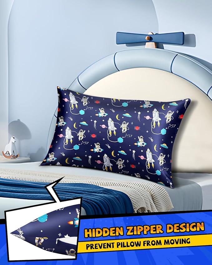 Silk Pillowcase for Kids - 30 x 20 Inches Queen Size Mulberry Silk Pillow Case with Zipper Cute Cartoon Kawaii Teens Girls Boys Pillowcase for Hair and Skin, Planet Stars