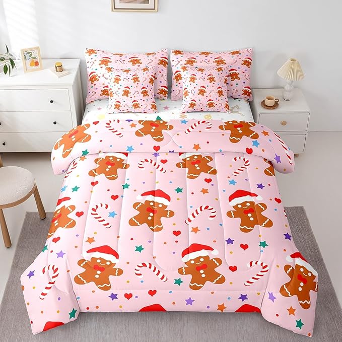 Feelyou Christmas Pink Bed in a Bag Cartoon Christmas Gingerbread Man Comforter Set with Sheets Xmas Theme Bedding Set for Kids Boys Girls Stars Candy Bed Set Decor King Size