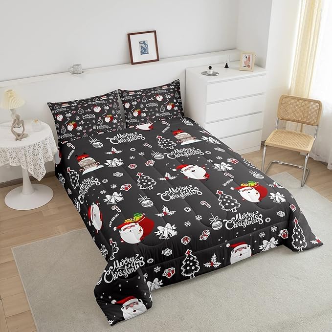Feelyou Christmas Comforter 3 Pieces Santa Claus Comforter Set White Snowflake Christmas Printed Xmas Festival Bedding Set with 2 Pillowcases (Queen, Grey Black) Boys