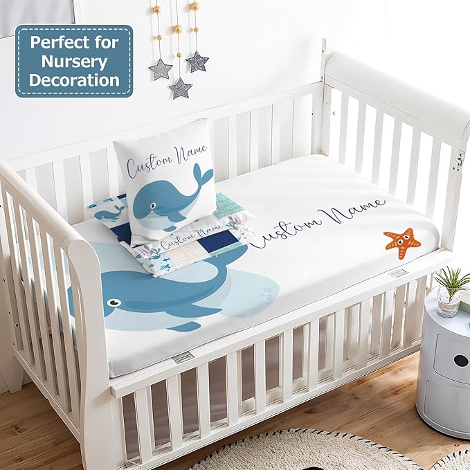 Personalized Baby Crib Bedding Set,3 Piece Custom Name Nursery Set with Blanket, Fitted Sheet & Pillowcase for Baby Girls & Boys, Ocean Wonders Theme(Fixed Size)