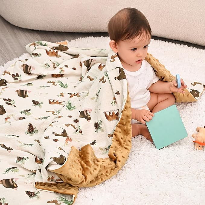 david's kids Muslin Minky Baby Blanket for Boys with Muslin Cotton Front and Dotted Fleece Backing, Breathable and Soft Lightweight Receiving Blanket for Newborns, 30x40 Inches, Woodland Animals