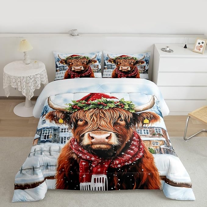 Feelyou Merry Christmas Bedding Set Soft for Boys Girls, Highland Cow Comforter Set Queen Size Snowflake Duvet Quilt Microfiber Winter Bedroom Decor 3 Pcs with 2 Pillow Cases