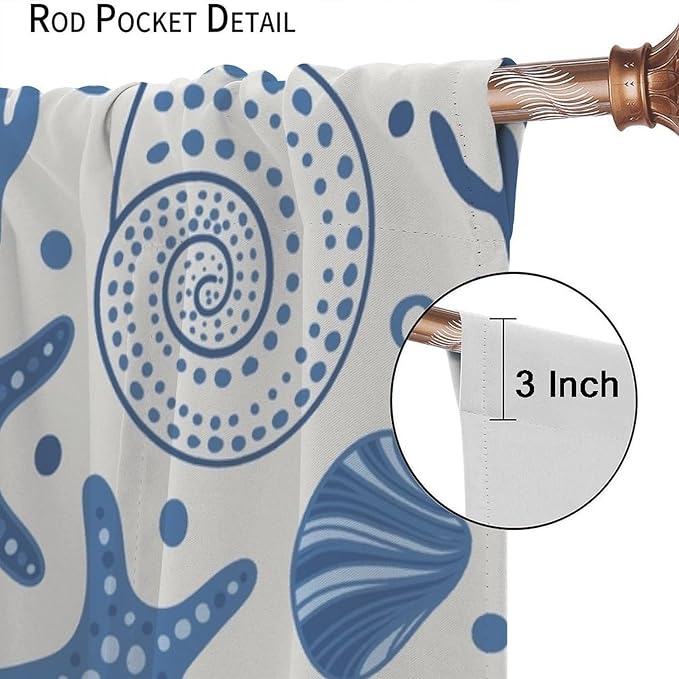 Coastal Nautical Curtains,Coral Starfish Seashell Beach Sea Starfish Seashell Theme Pattern Blackout Print Bedroom Living Room Window Treatmen 4 Panel Set 63x63 Inch