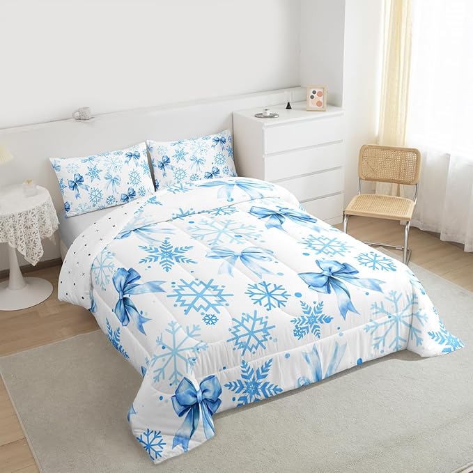 Lovely Bowknot Comforter Set Full Size,Dreamy Bowknot Dots Snowflake Kids Bedding Set,Winter Merry Christmas Girly Quilt Comforter,Blue White Duvet Insert,2 Pillowcases