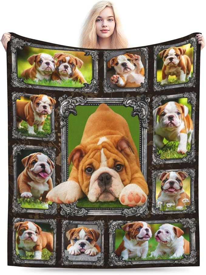 Bulldog Blanket English Bulldog Gifts Throw Blanket Super Soft Flannel Lightweight Fluffy Plush Cozy Fuzzy Fleece Decor Blanket for Dog Lover Girl Woman Boys Kids Adults Man for Bed Sofa 60"X80"