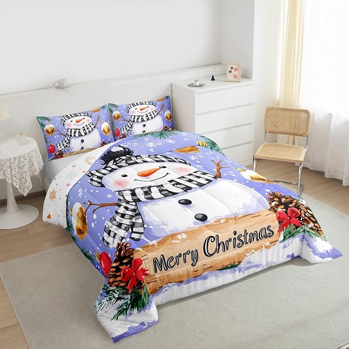 Feelyou Merry Christmas Comforter Set All Season Cute Snowman Bedding Set with 2 Pillow Cases Snowflake Microfiber Kids Queen Bedclothes Winter Bedroom Decor Duvet Quilt Breathable Soft Lightweight