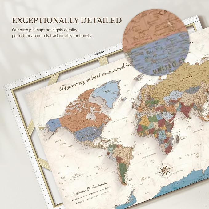 ElephantStock - Personalized Journey V Push Pin World Map Wall Art - Horizontal Canvas Wall Art - Living Room Wall Decor - Digital Art Map Canvas Art - Beige And Orange Decor - 12" x 8"