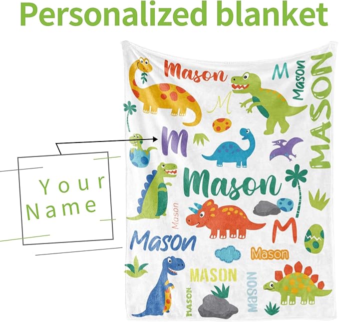 Custom Dinosaur Blanket with Name for Boys, Personalized Name Blanket for Kids Dino, Soft Flannel Dinosaur Customized Gift for Birthday Christmas Baby Shower Children Day 40"x50"