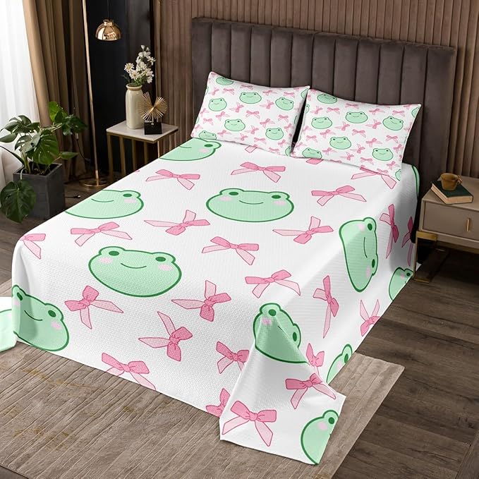 Manfei Pink Bowknot Bedspread Twin Size,Cartoon Frog Bow Tie Butterfly Knot Princess Coverlet Set,Girls Women Room Decor,Geometric Patchwork Cute Quilted Coverlet,Sweet Bedding Quilt,1 Pillowcase