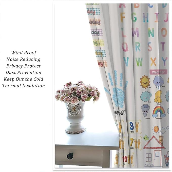 Kids Educational Alphabet Curtain,Boho Watercolor Alphabet Pastel Numbers Shapes Colors for Girls Child Nursery Home Kids Printed Rod Pocket Blackout Window Drapes for Bedroom Living Room 63"W X 72"L