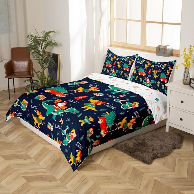 Christmas Bedding Set Cartoon Santa Claus Christmas Tree Comforter Cover for Kids Teens Cute Dino Race Cars Duvet Cover Breathable Gingerbread Man Bedspread Cover Room Decor Quilt Cover King Size