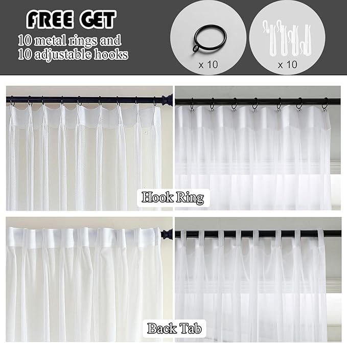 White Sheer Curtains 90 Inches Long 1 Panel, 50 Inch Width, Thin Textured Linen Look Sliding Glass Door Curtain, Rustic Elegant Window Treatments, Pinch Pleated Drapes for Living Room