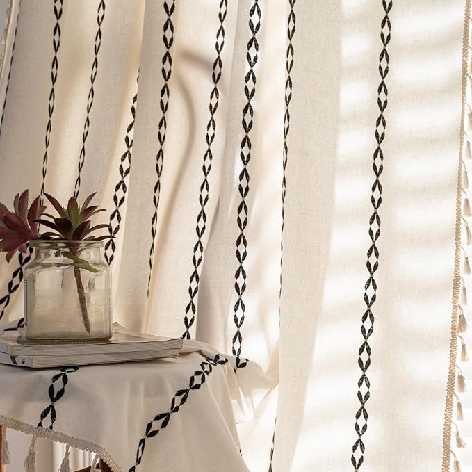 Deeprove White and Black Boho Curtains 63 inches Length for Living Room Bedroom Nursery, Aztec Chic Bohemian 63 inches Long Damask Stripe Embroidery Privacy Window Fringe Decor W52 x L63, 1 Panel
