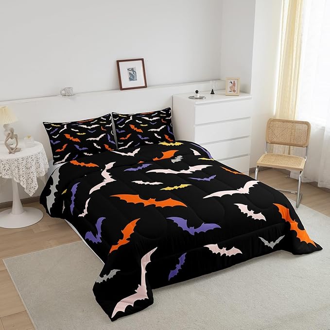 Erosebridal Bat Quilt Halloween Bedroom Decor Bedding Set Toddler Size for Kids Teens Adults Bedroom Purple Gothic Bat Comforter Set with 1 Pillow Case,Spooky Duvet Insert