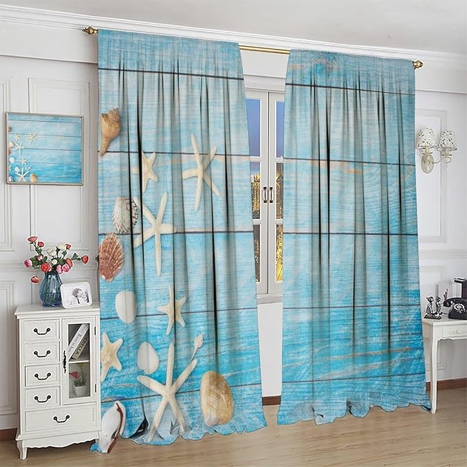 Beach Shell Curtains Shell Starfish Modern Style White Print Curtains for Living Room Bedroom Boys Girls Bedroom Decorative Privacy Curtains 63x72 Inch