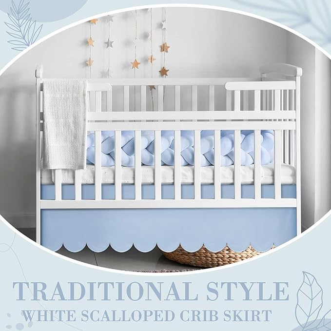 Blue Scalloped Crib Skirt 28"x 52" with 14" Drop Pleated Dust Ruffle with Split Corners for Baby Boys Girls Soft 4-Sided Crib Bed Skirt Nursery Standard Toddler Bedding