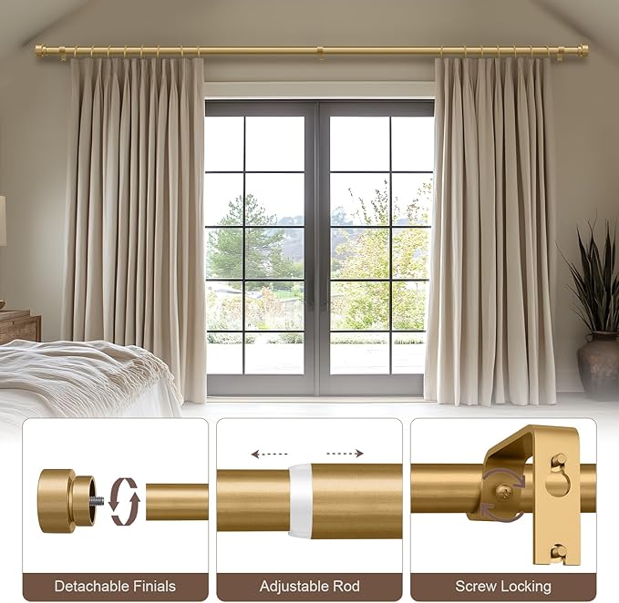Modern Gold Curtain Rods for Windows 28 to 48 Inches Adjustable Length Heavy Duty 1" Diameter Window Curtain Rod with Decorative Finials for Outdoor Bedroom Kitchen Living Room