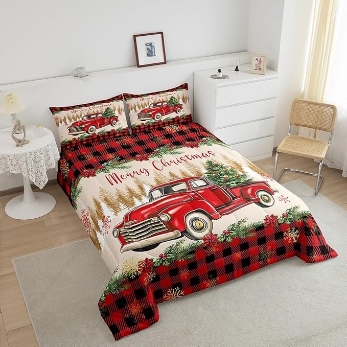 Merry Christmas Toddler Bedding Set Red Truck Comforter Sets For Kids Boys Girls Teens Room Decor,Xmas Tree Down Comforter Red Black Buffalo Plaid Decor Bed Set Car Printed Themed Quilt Set