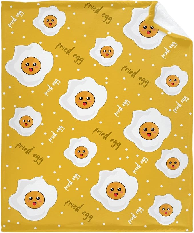 Thuswarm Cute Fried Eggs Kawaii Omelette Flannel Throw Blanket Warm Cozy Soft Cartoon Food Print Blankets for Bed Couch Sofa Room Decoration Gifts 120”×90” Extra Large for Family