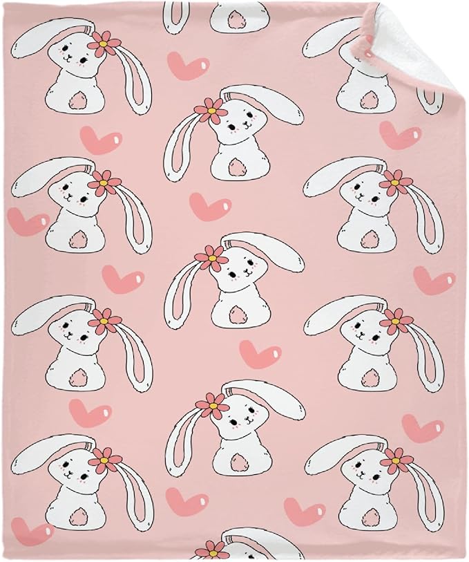 Thuswarm Cute Bunny Pink Flannel Throw Blanket Gifts Warm Cozy Soft Funny Print Blankets for Summer Room Decoration Bed Couch Sofa 120”×90” Extra Large for Family