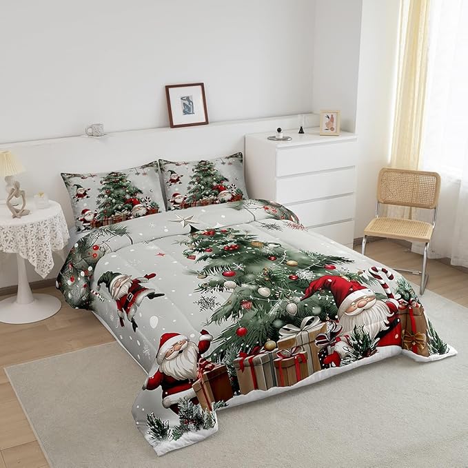 Merry Christmas Comforter Set Queen Size,Christmas Tree Snowflake Bedding Set for Kids Boys Girls Room Decor,Santa Claus X'mas Theme Duvet Insert 3Pcs,Star Polka Dot Glitter Quilt Set,2 Pillowcases