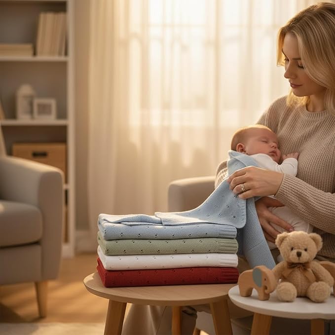 Baby Knit Blanket, 100% Cotton Eyelet Patterns, Soft, Cozy, Lightweight Swaddle for Newborn & Infant Swaddling Beige Neutral, Perfect Baby Shower Ideas Green 28x36